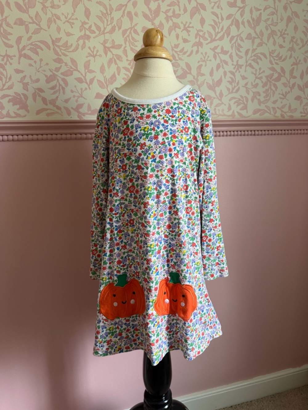 Mini Boden Multi-Color Floral Dress with Orange Pumpkin Appliqués
